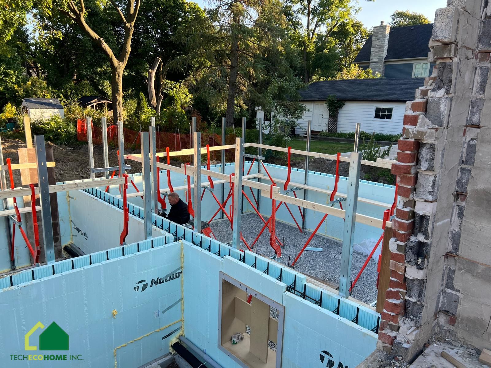 ICF basement walls braced and aligned before concrete placement