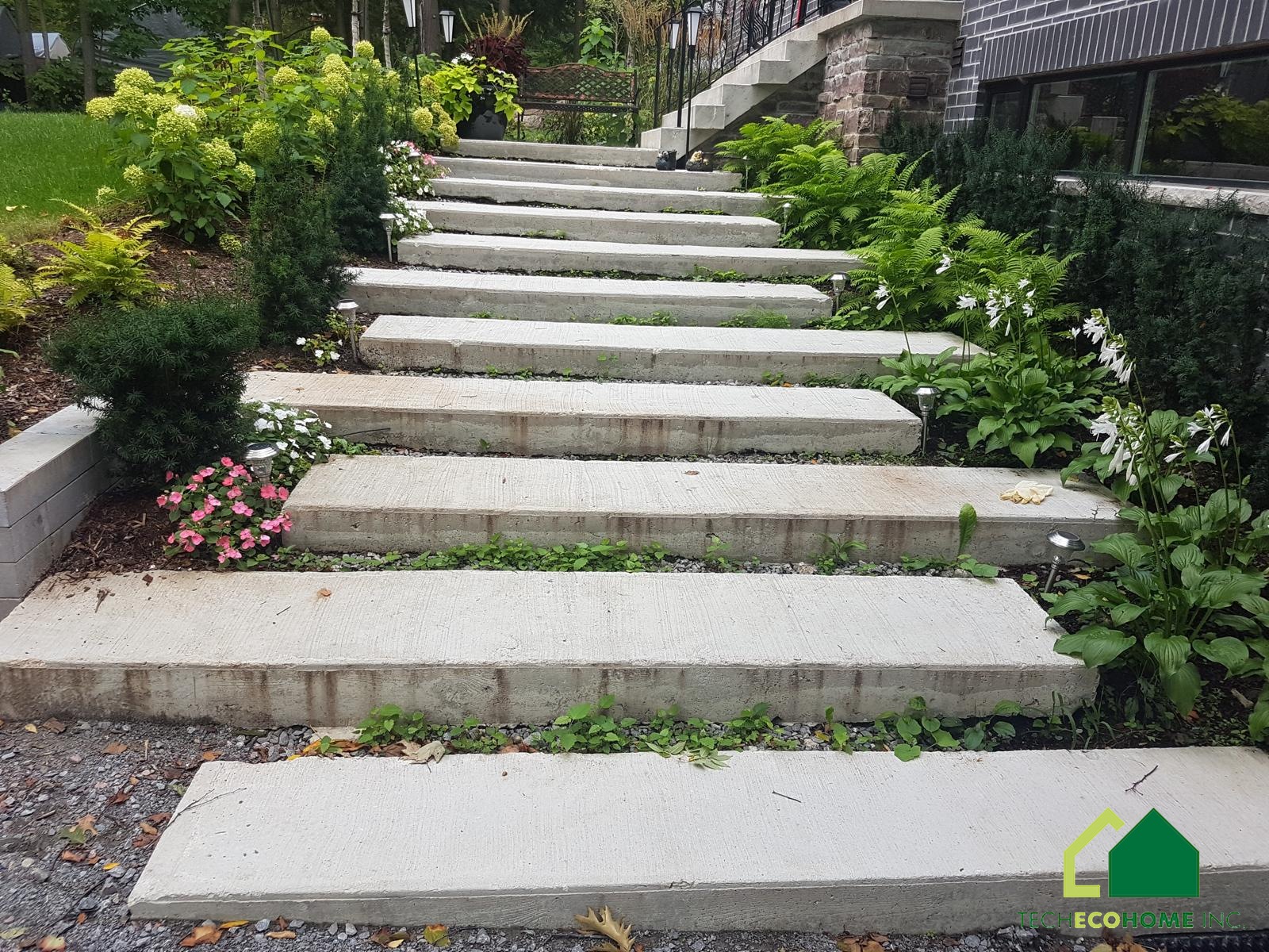Concrete garden steps set into a landscaped slope with planting on both sides